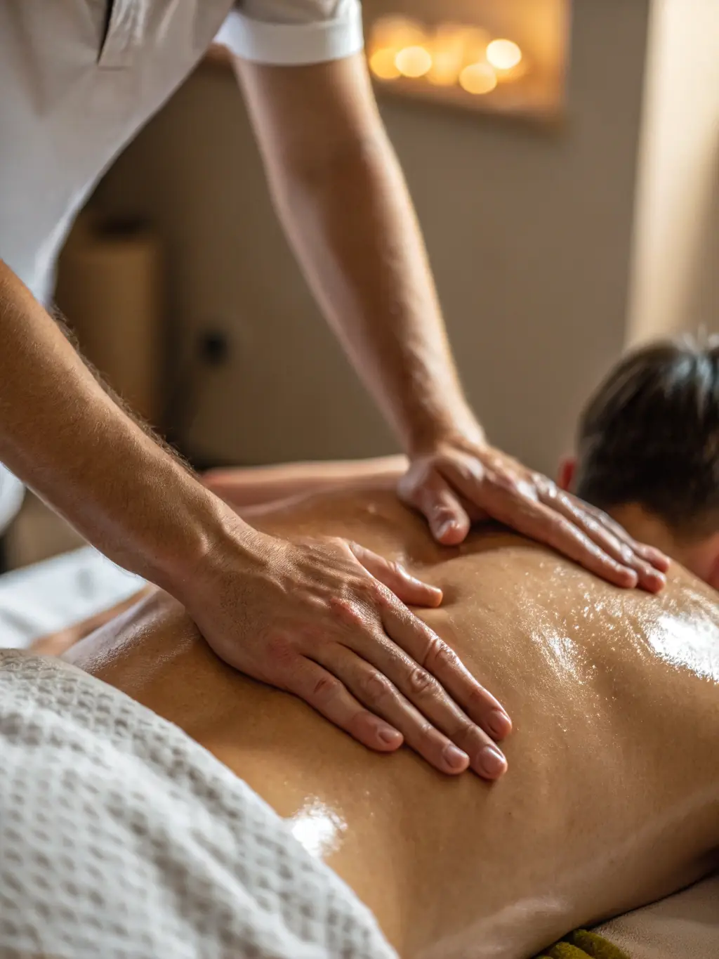 Image of a massage therapist using deep tissue techniques on a client's back, focusing on releasing knots and tension in the deeper muscle layers.