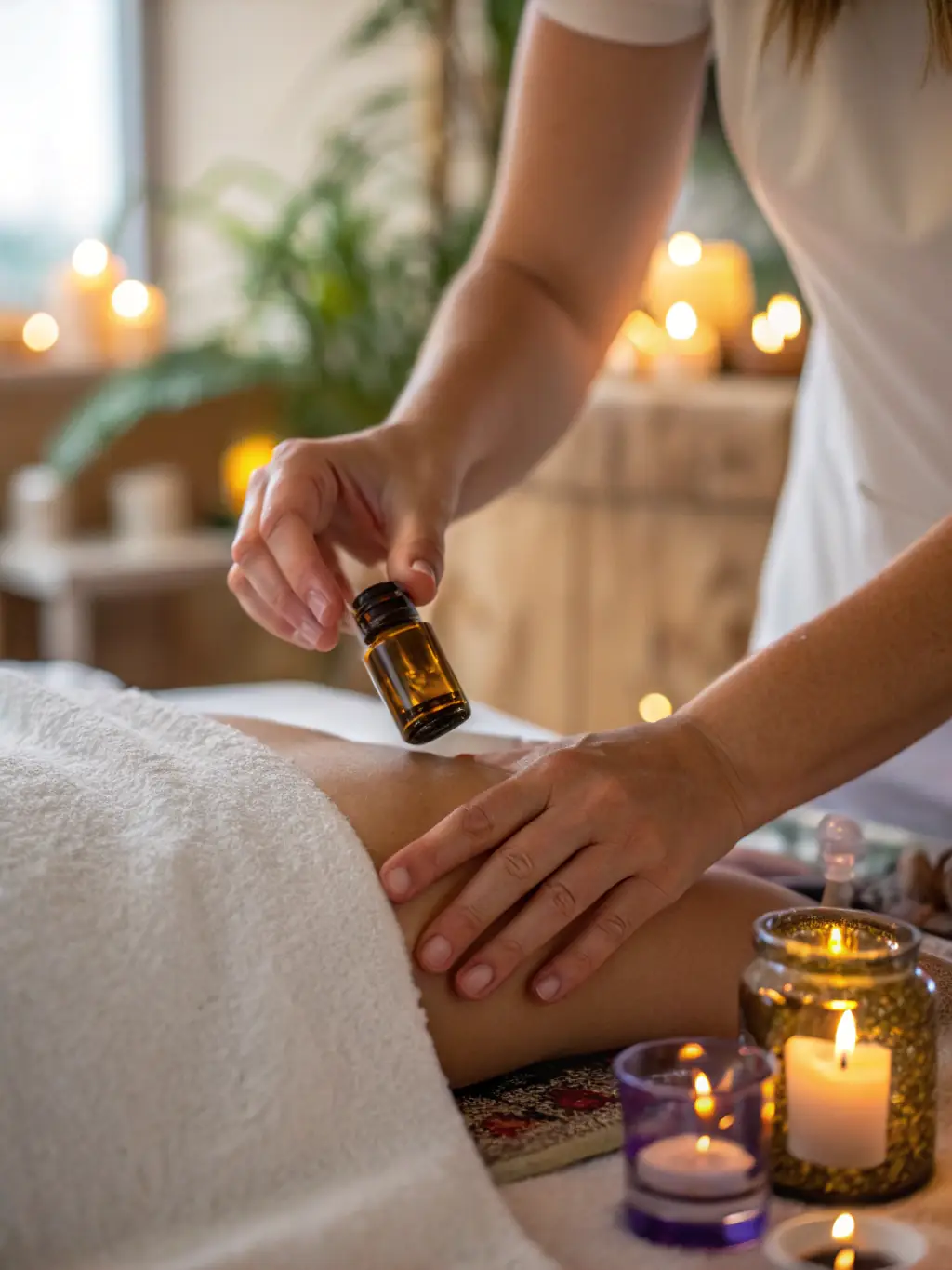 Image of a therapist gently applying aromatherapy oils to a client's skin during a massage, with soft lighting and essential oil diffusers in the background.