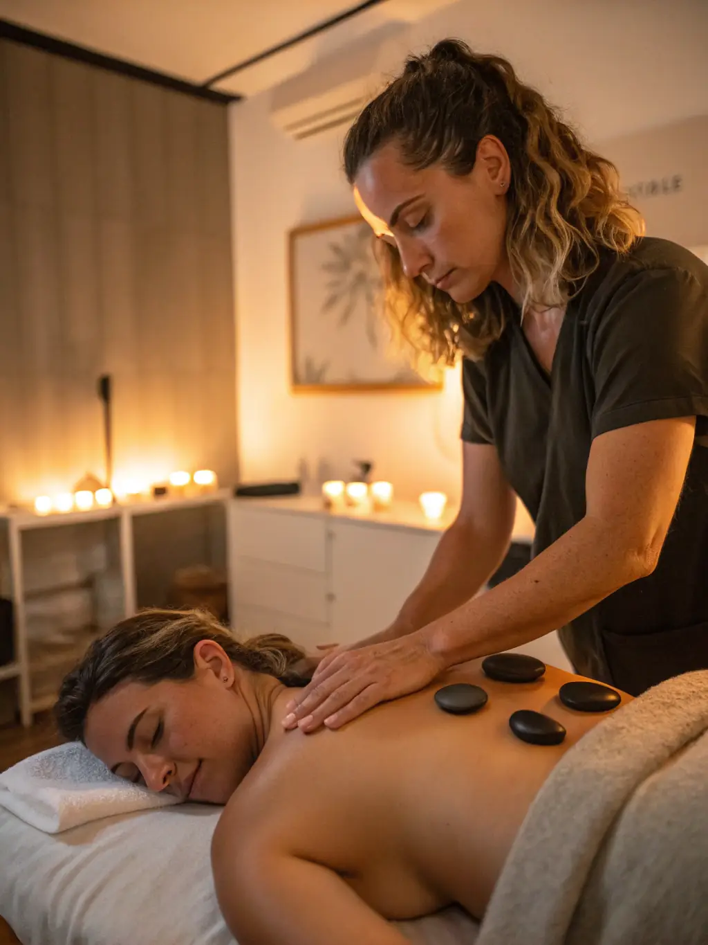 Image of a hot stone massage session, with smooth, heated stones placed on the client's back to promote muscle relaxation and pain relief.