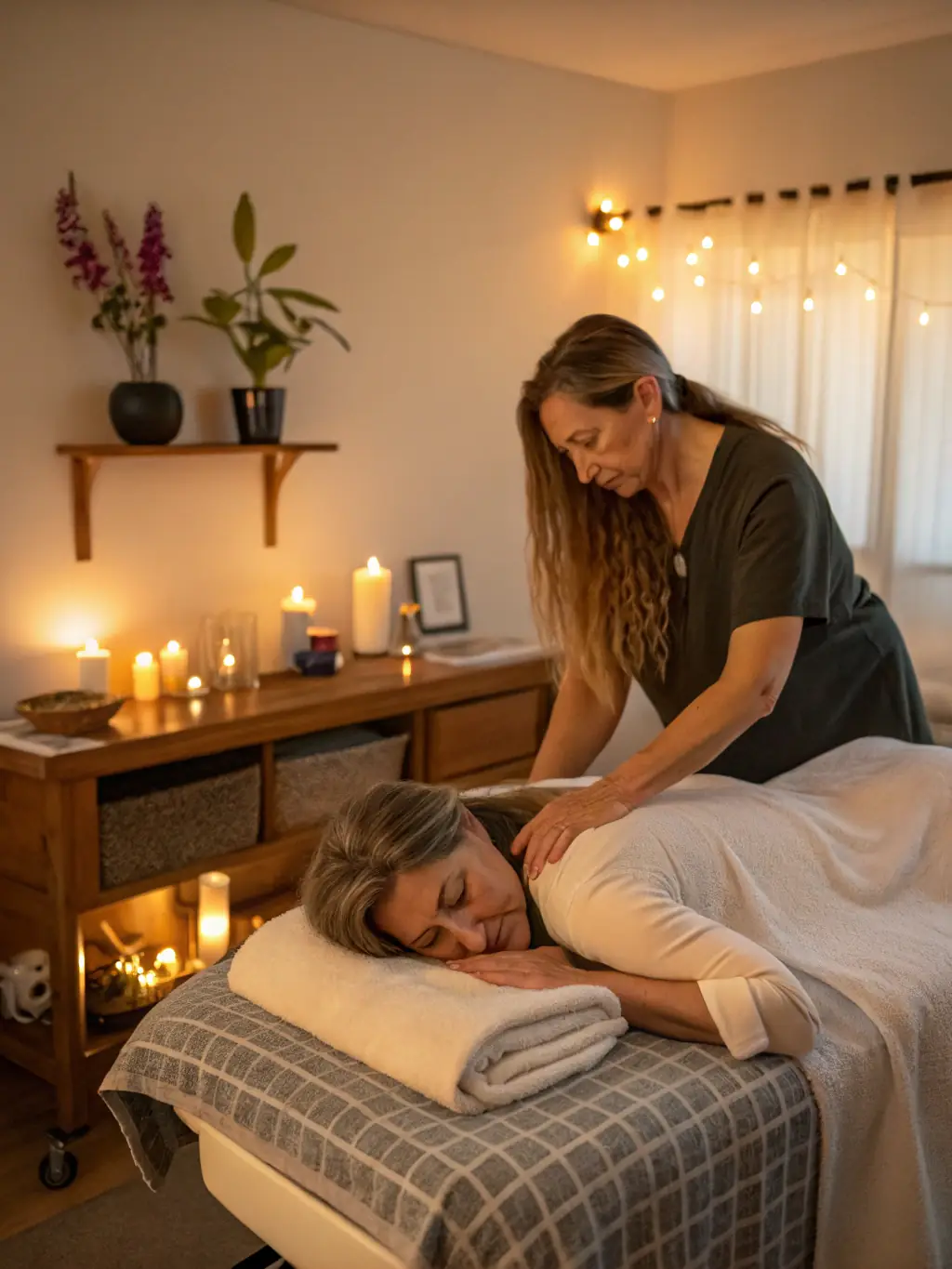 A serene image depicting a client receiving a Swedish massage in a dimly lit room with soft, calming music playing in the background, emphasizing relaxation and stress relief.