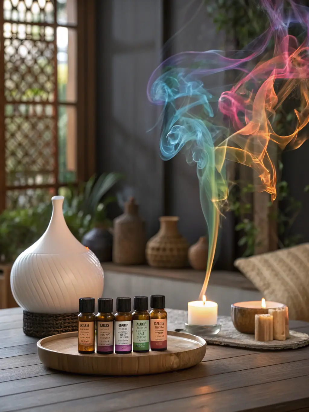 A visually appealing image of essential oil bottles and a diffuser, with a massage therapist gently massaging a client's temples, highlighting the aromatherapy aspect.