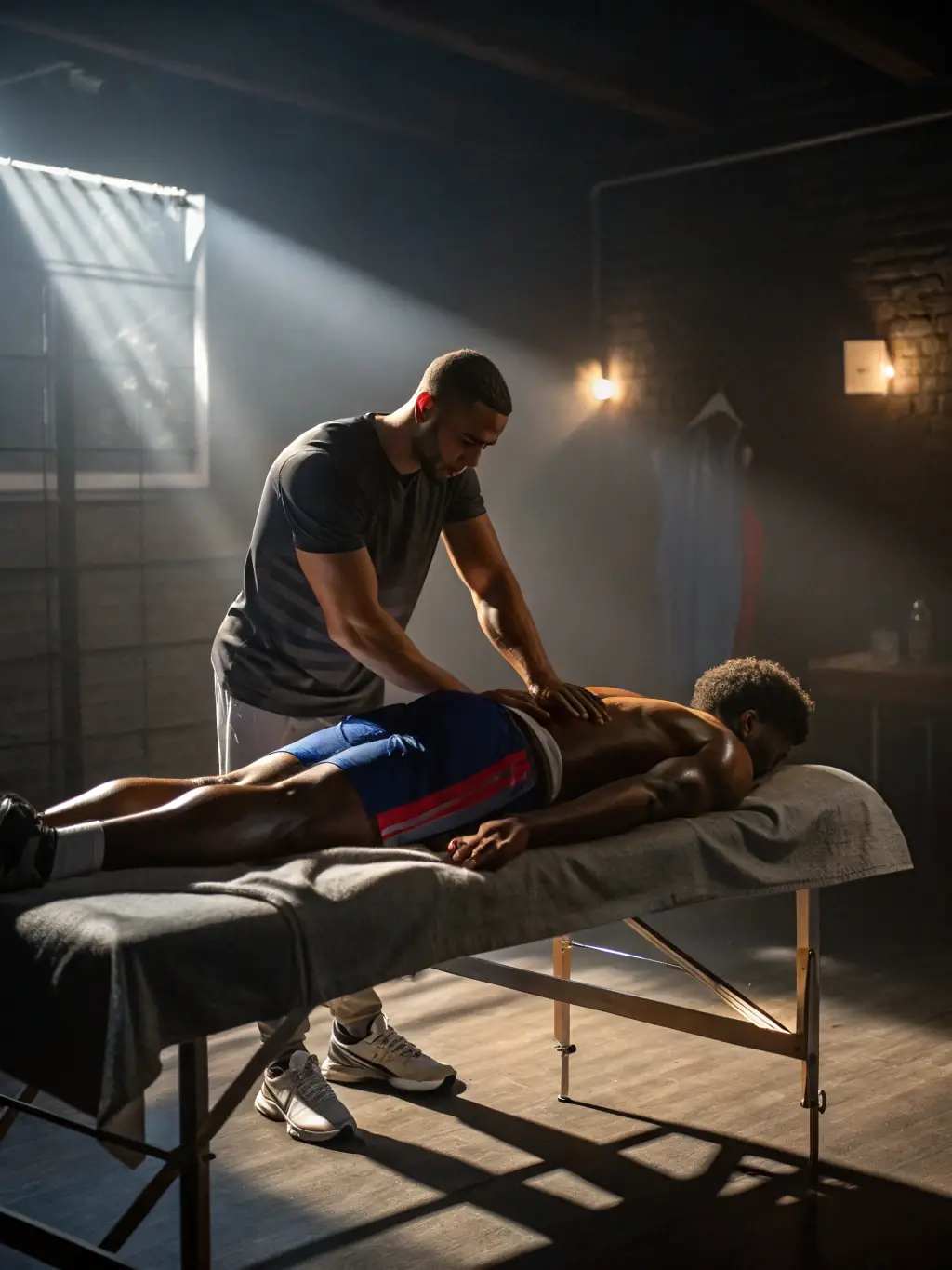An image of a person receiving a sports massage, focusing on muscle recovery and flexibility, with a therapist stretching the client's leg.